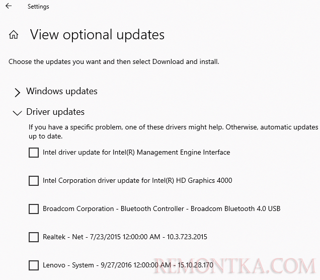 список доступных обновлений драйверов в Windows 10