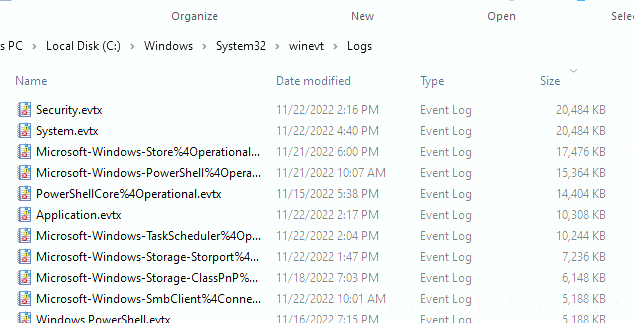 evtx файлы журналов событий в каталоге WinevtLogs 