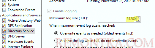 Новый максимальный размер журнала Event Log