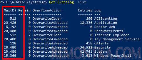 powershell вывести все журналы Event Viewer и максимальный размер файла