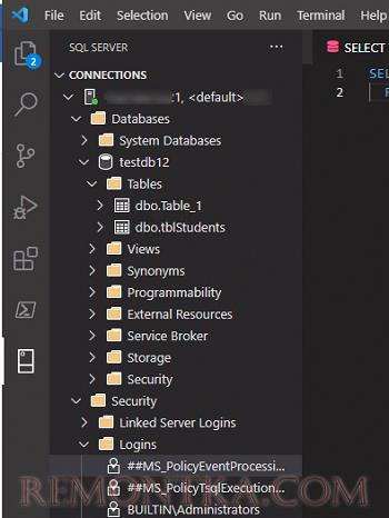 просмотр объектов SQL Server из VS Code