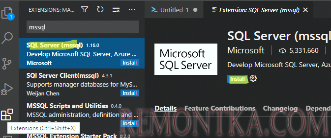 установка расширения mssql for Visual Studio Code 