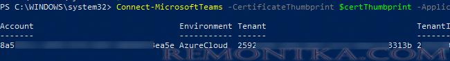 Connect-MicrosoftTeams -CertificateThumbprint 