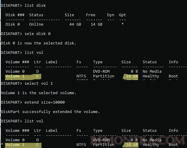 diskpart - расширить диск