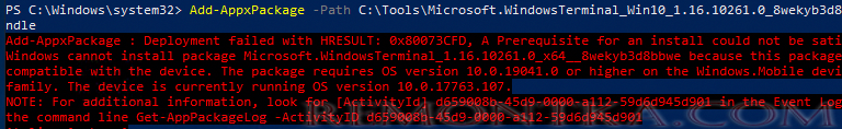 Microsoft.WindowsTerminal ошибка 0x80073CFD, A Prerequisite for an install could not be satisfied.