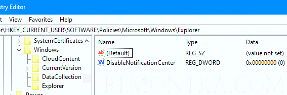 Отключить центр уведомлений в реестре DisableNotificationCenter 