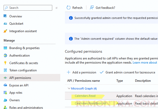 права Microsoft Graph для доступа к календарям в ящиках exchange