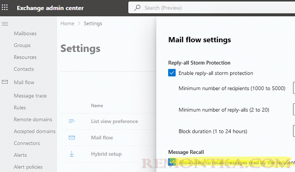 Разрешить отзыв писем в Exchange Online