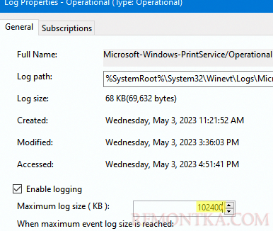 увеличить размер лога печати в event viewer