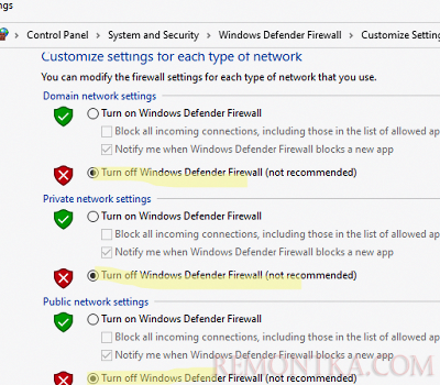 отключить Windows Defender Firewall для всех сетевых профилей