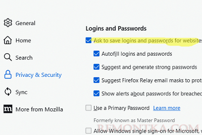 Firefox - отключить сохранение пароля для веб сайтов