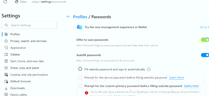 Запретить сохранять пароли в браузере Microsoft Edge