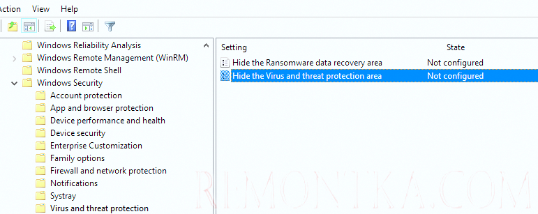 Параметр GPO: Hide the Virus and threat protection area in Windows Security