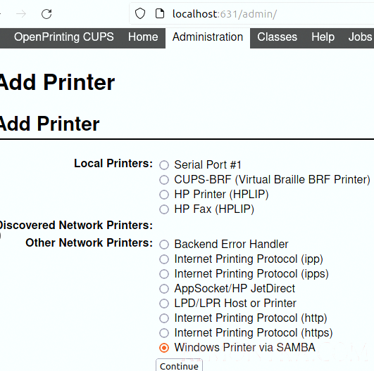 Добавить Windows Printer via SAMBA в CUPS