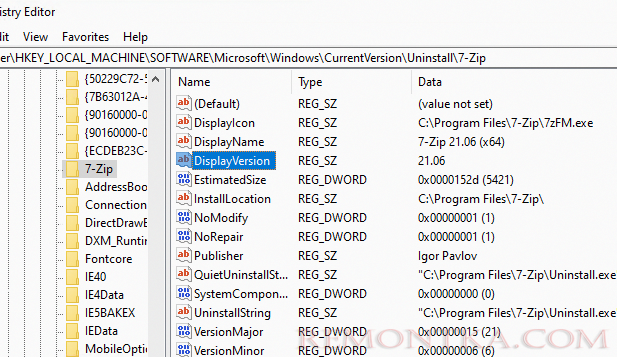 Текущая версиях программы в реестре