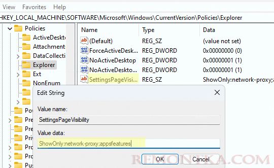 SettingsPageVisibility - параметр реестра