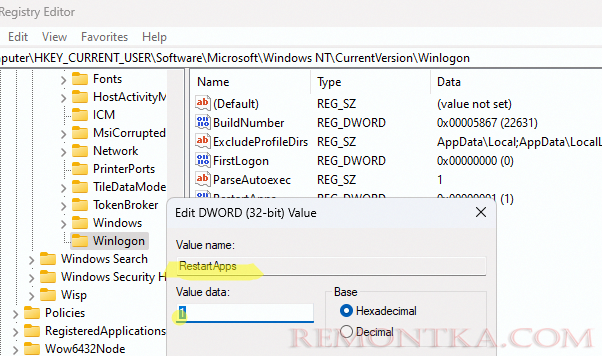Параметр реестра RestartApps 