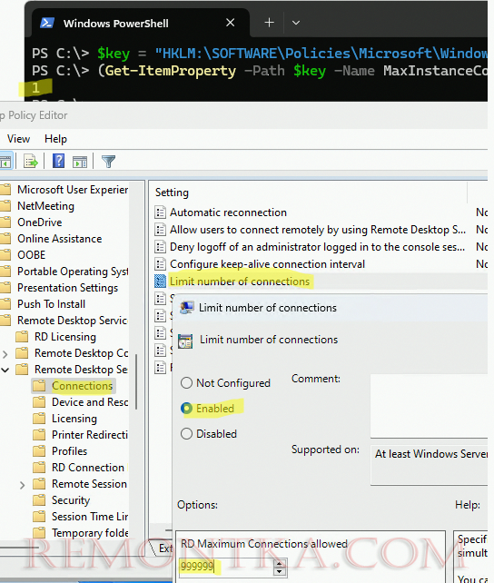 Политика 'Ограничить количество подключений ' и параметр реестра MaxInstanceCount 