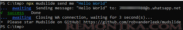 Отправка сообщения в мессенджер WhatsApp из командной строки Windows с помощью npx mudslide 