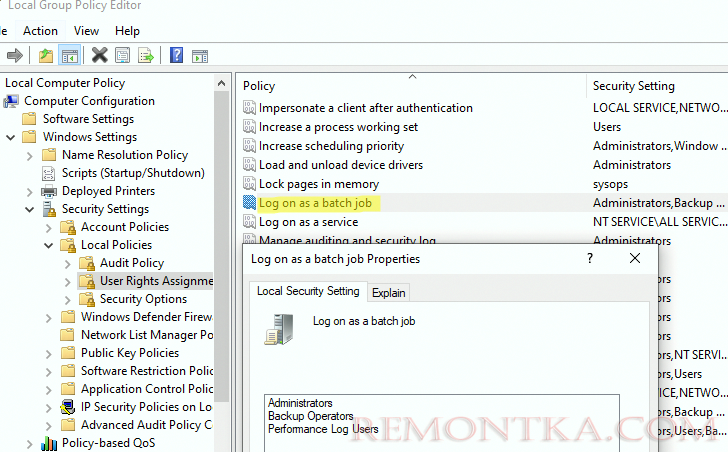 Право Log on as a batch job позволяет запускать задания планировщика от имени пользователя