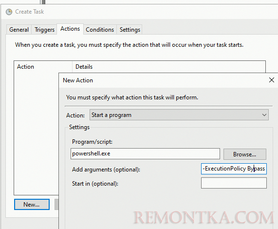 Запустить скрипт PowerShell.exe из задания планировщика