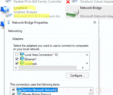 Добавить loopback сетевой адаптер в мост