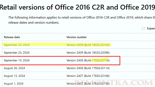 Список предыдущих релизов MS Office