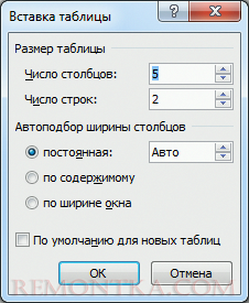 создание таблиц в Word указанием количества строк и столбцов