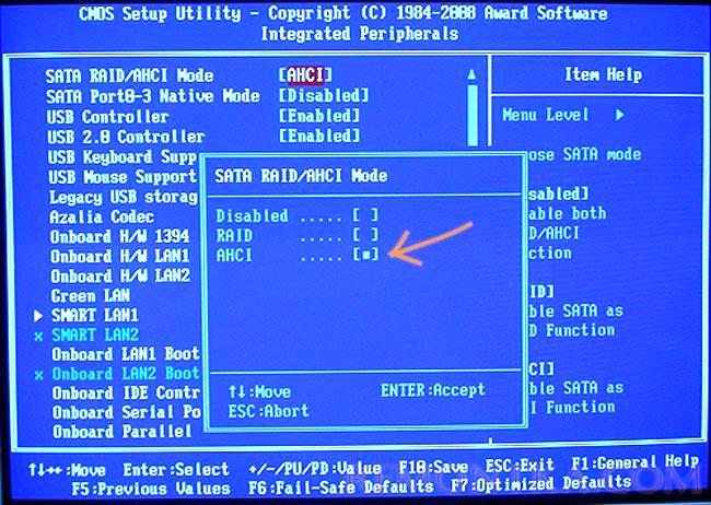 Включение AHCI для Award BIOS