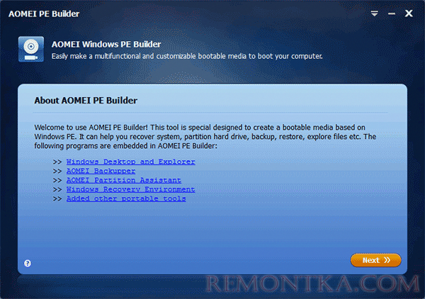 Главное окно AOMEI PE Builder