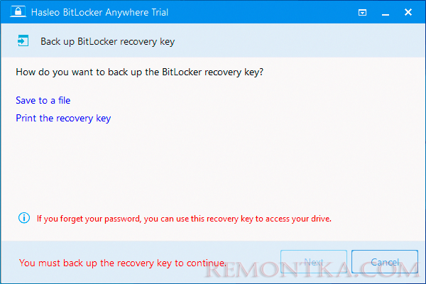 Сохранение ключа восстановления BitLocker