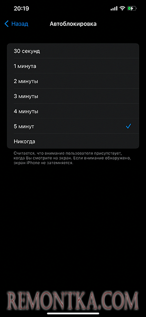 Настройка времени до отключения экрана iPhone