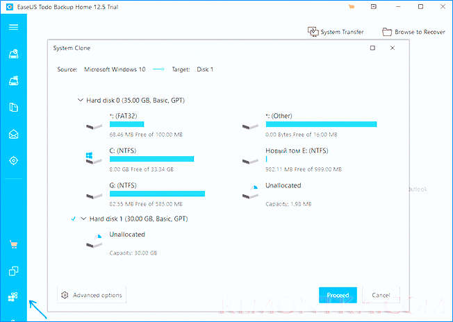Клонирование системы в EaseUS ToDo Backup Free