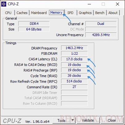 Текущие тайминги в CPU-Z