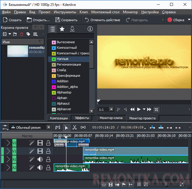 Процесс редактирования видео в Kdenlive