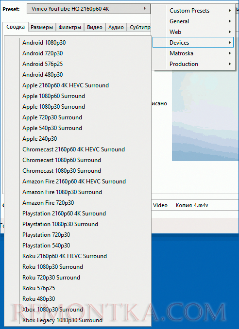 Предустановленные пресеты в HandBrake