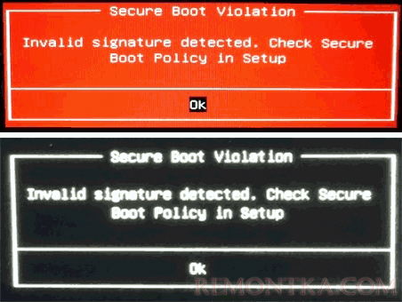 Сообщение Secure Boot Violation Invalid Signature Detected