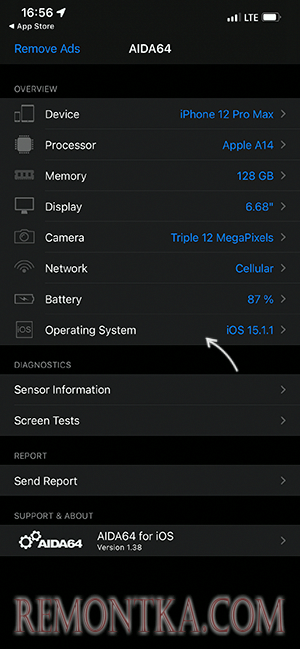 Версия iOS в AIDA64 для iPhone
