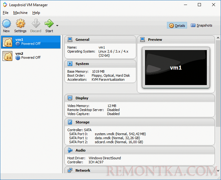 Настройки виртуальной машины Leapdroid