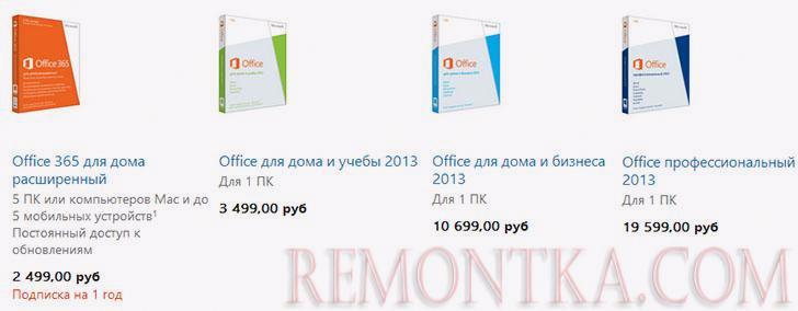 Различные варианты покупки Office 2013 на официальном сайте