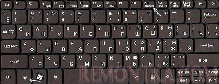Клавиша Num Lk на клавише F11 на ноутбуке