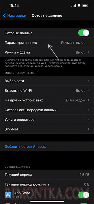 Открыть параметры мобильных данных