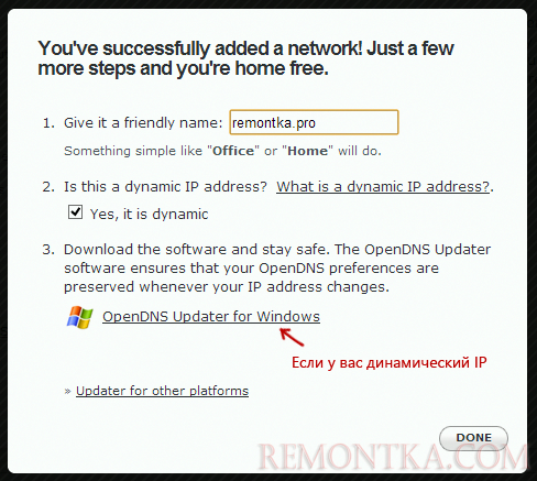 Указание имени сети и загрузка OpenDNS Updater