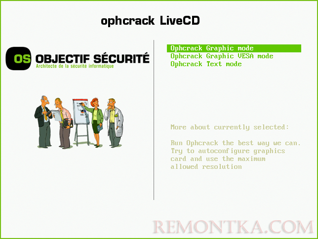 Главное меню Ophcrack LiveCD
