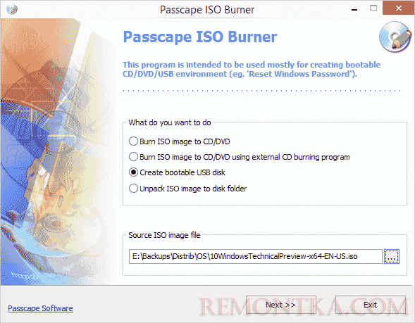 Главное окно Passcape ISO Burner
