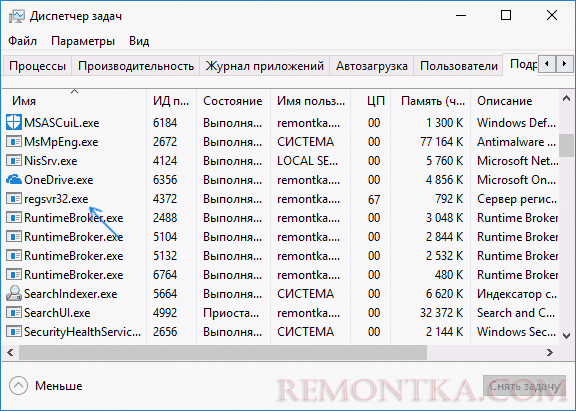regsvr32.exe в диспетчере задач Windows