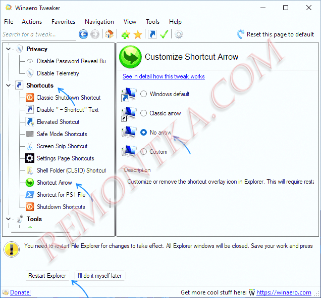 Убрать стрелки ярлыков Windows 11 в Winaero Tweaker