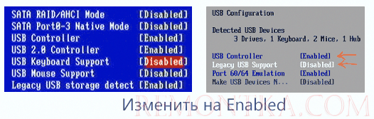 Включение USB клавиатуры в БИОС