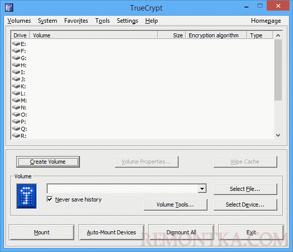 Главное окно TrueCrypt