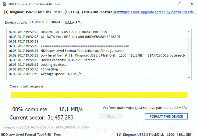 Низкоуровневое форматирование завершено